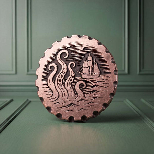 The Awakening copper golf ball marker — front engraved with kraken tentacles