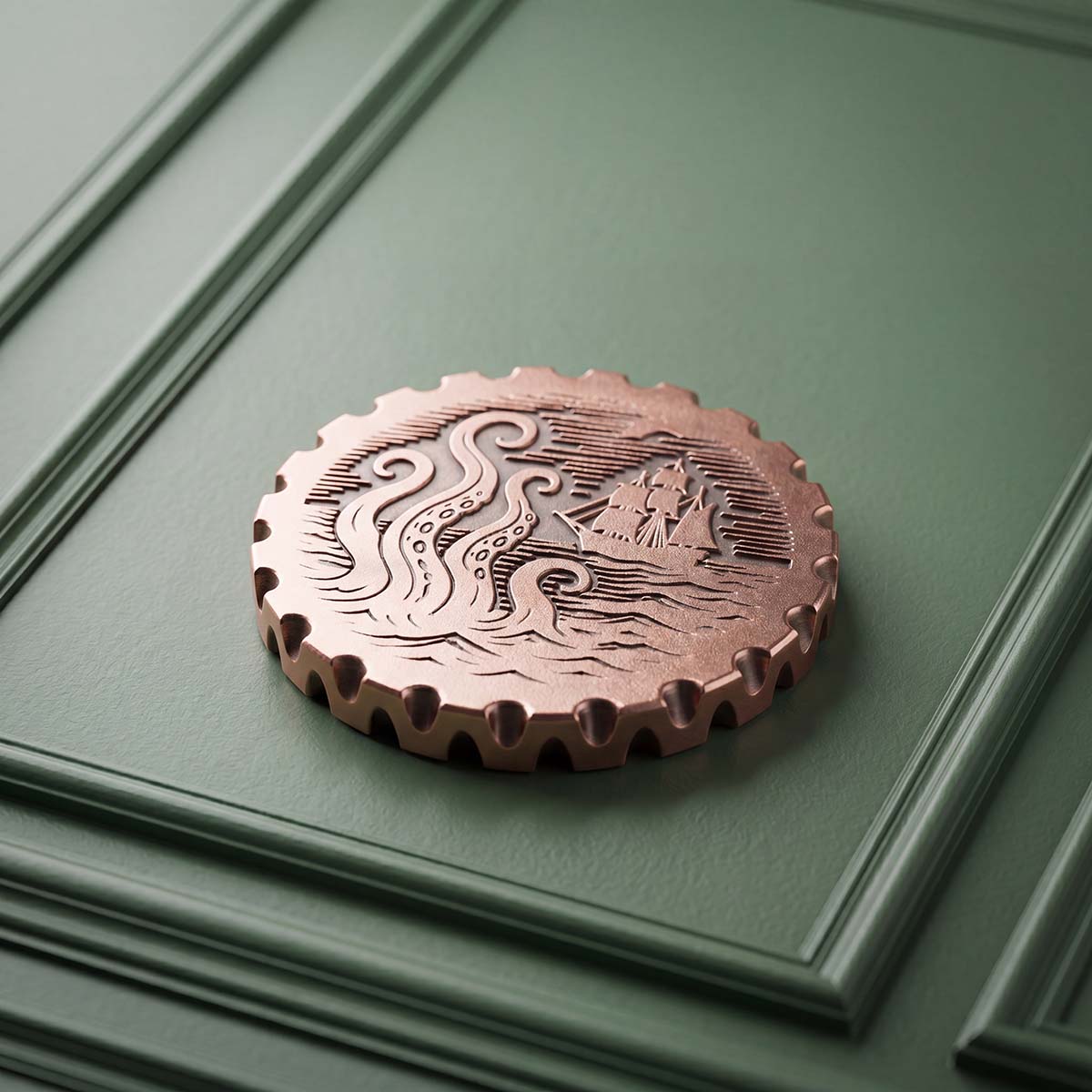 The Awakening copper golf ball marker — front engraved with kraken tentacles and a tall ship at sea, hand-darkened recesses