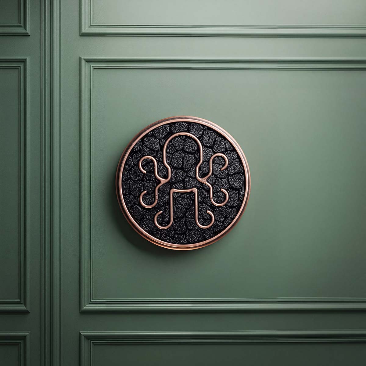 BEDROCK copper golf ball marker with raised Kraken emblem set in a black stone-textured inlay