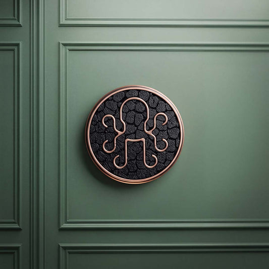 BEDROCK copper golf ball marker with raised Kraken emblem set in a black stone-textured inlay