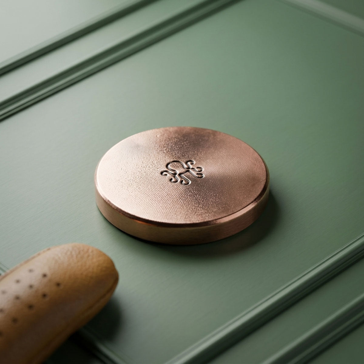 Reverse of the BEDROCK copper golf ball marker showing raw mill finish and struck Kraken mark
