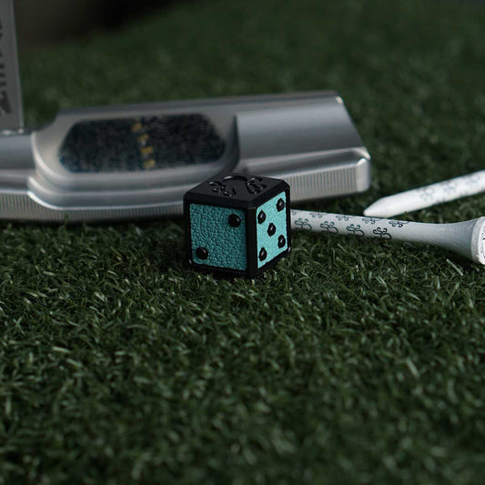 Black anodized aluminum cube golf marker with Tiffany Blue leather inlays

