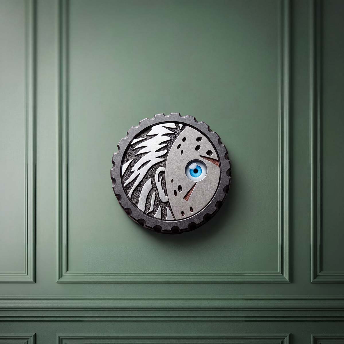 Gray Matter golf ball marker by Kraken Golf, black anodized aluminum with stainless steel hair and mask inlays, front view