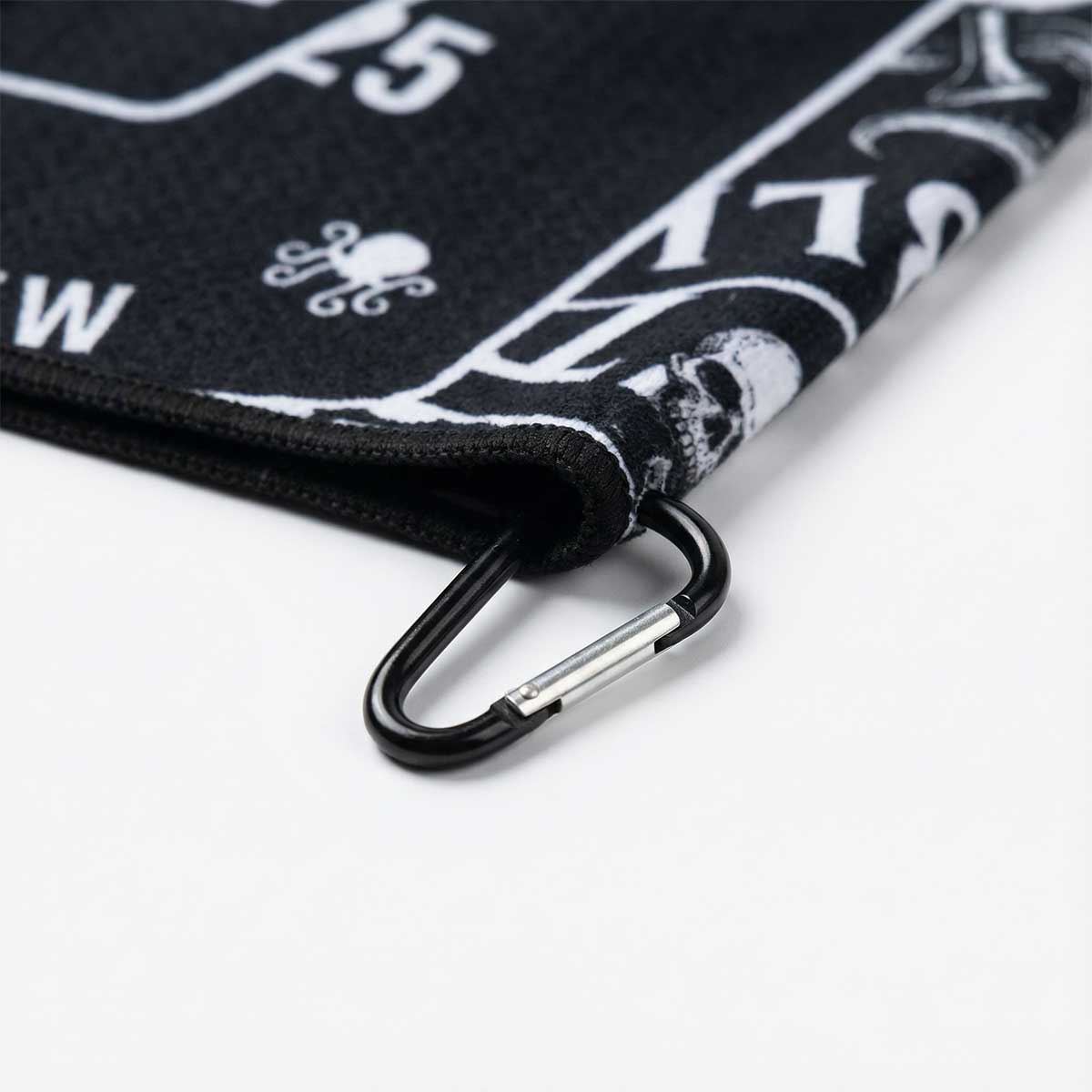 Kraken Blacklist towel featuring a carabiner clip on a white background