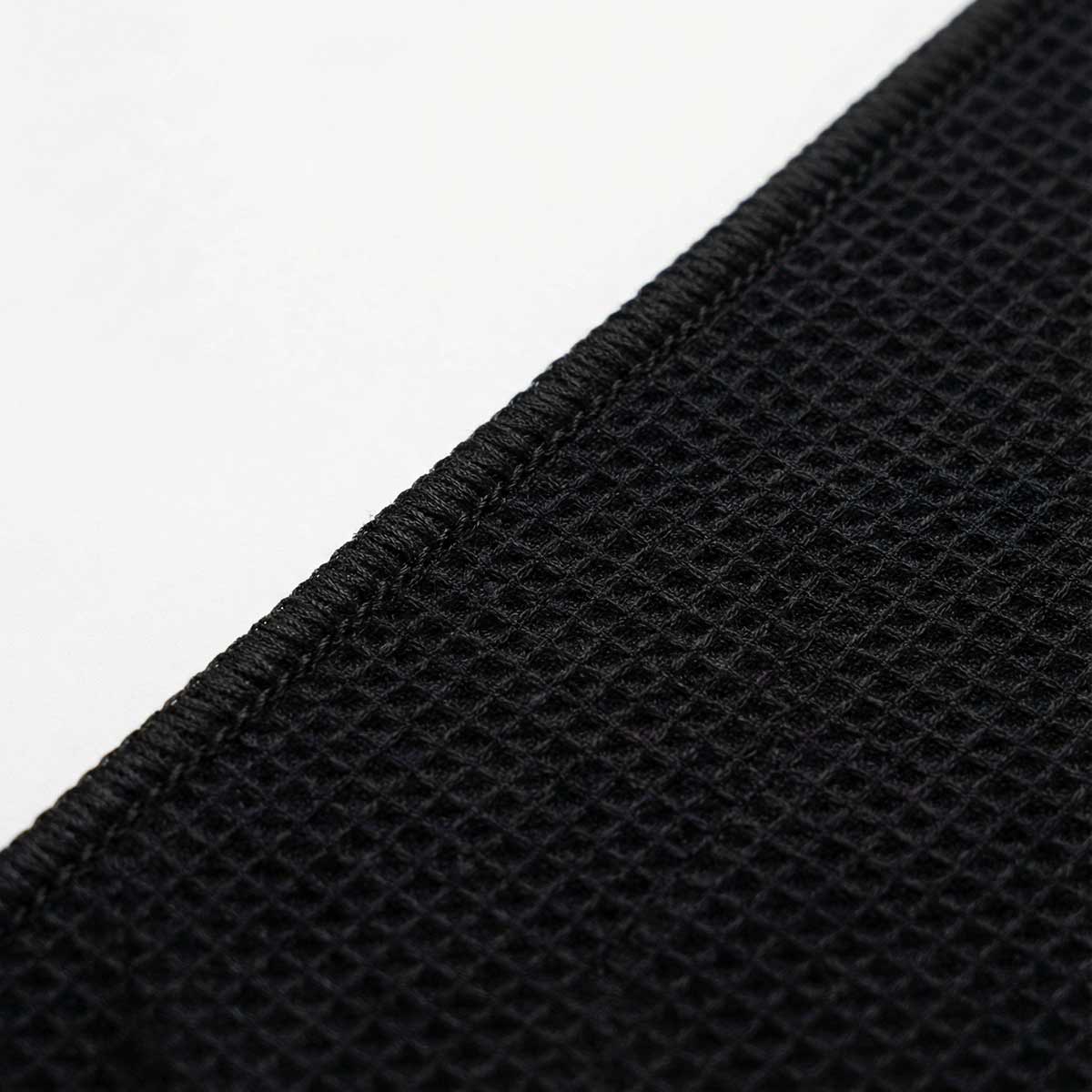 Close-up of a textured black towel on a white background
