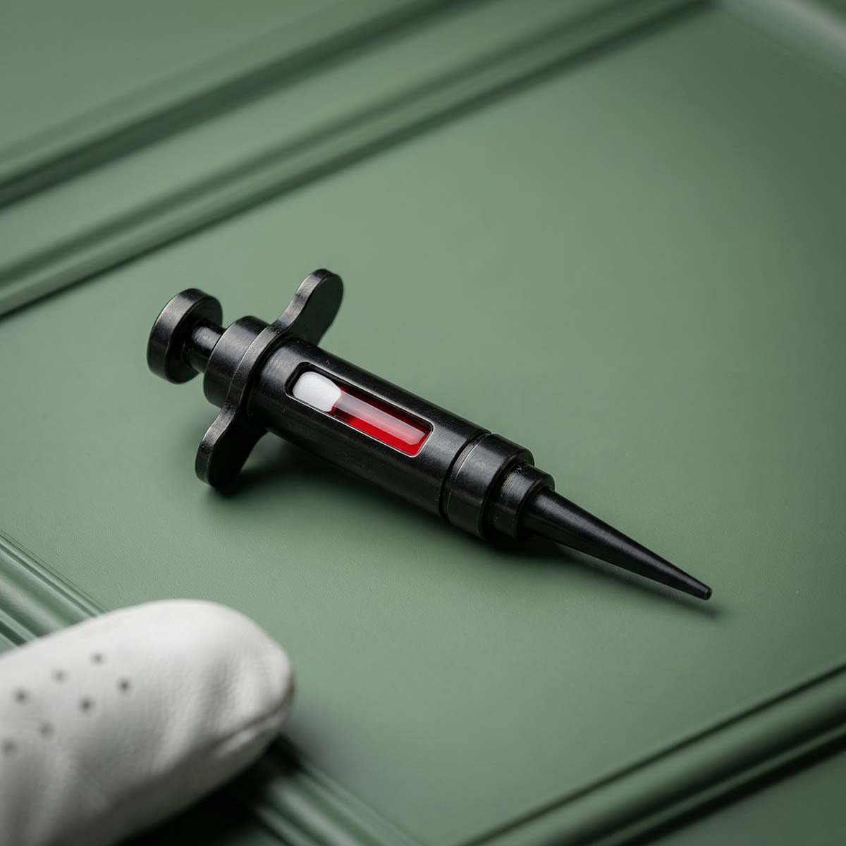 The Bloodline Pitch Tool in black oxide carbon steel with stainless steel inlays and red translucent side fill by Kraken Golf