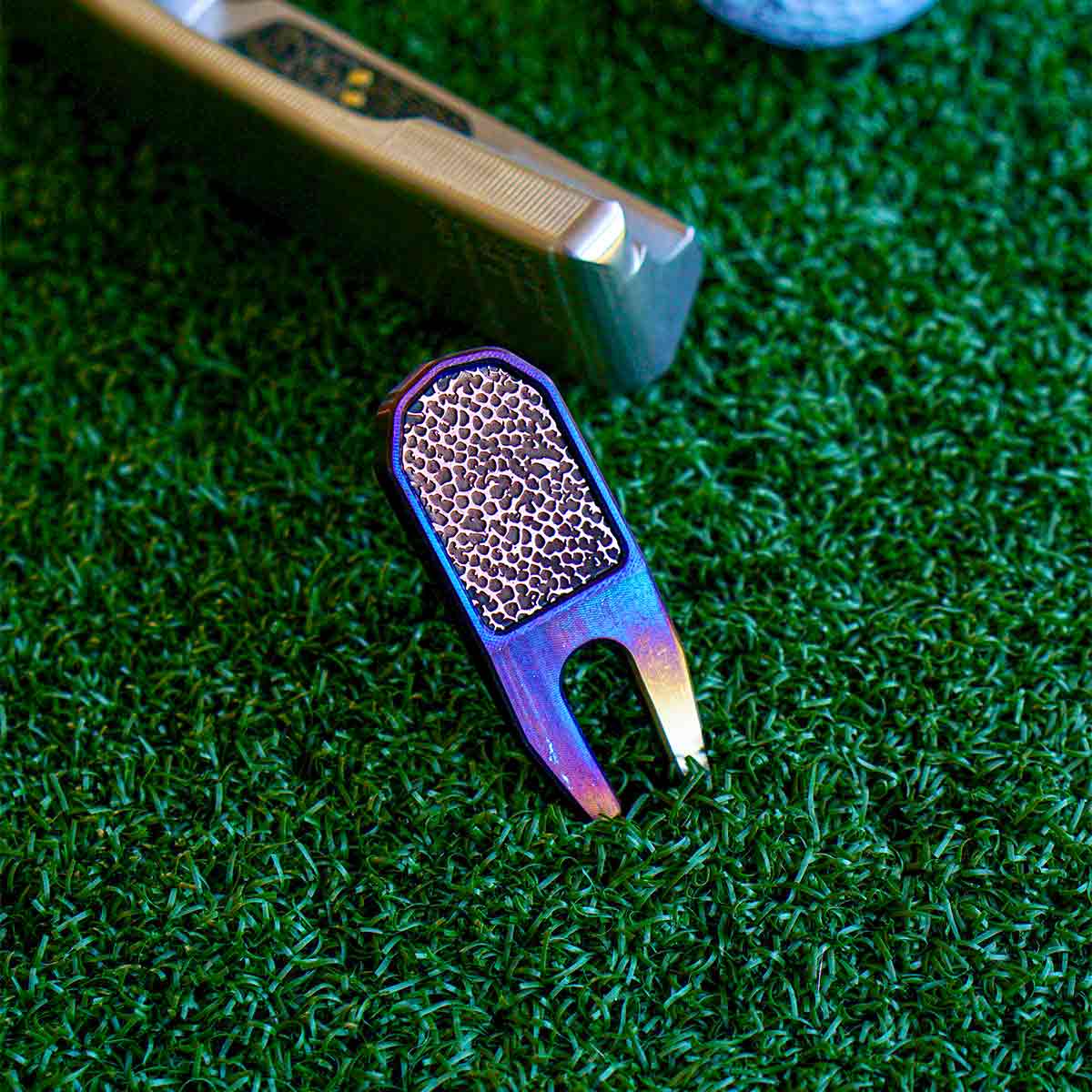 Blue Inferno carbon steel golf pitch tool with copper inlays - front view