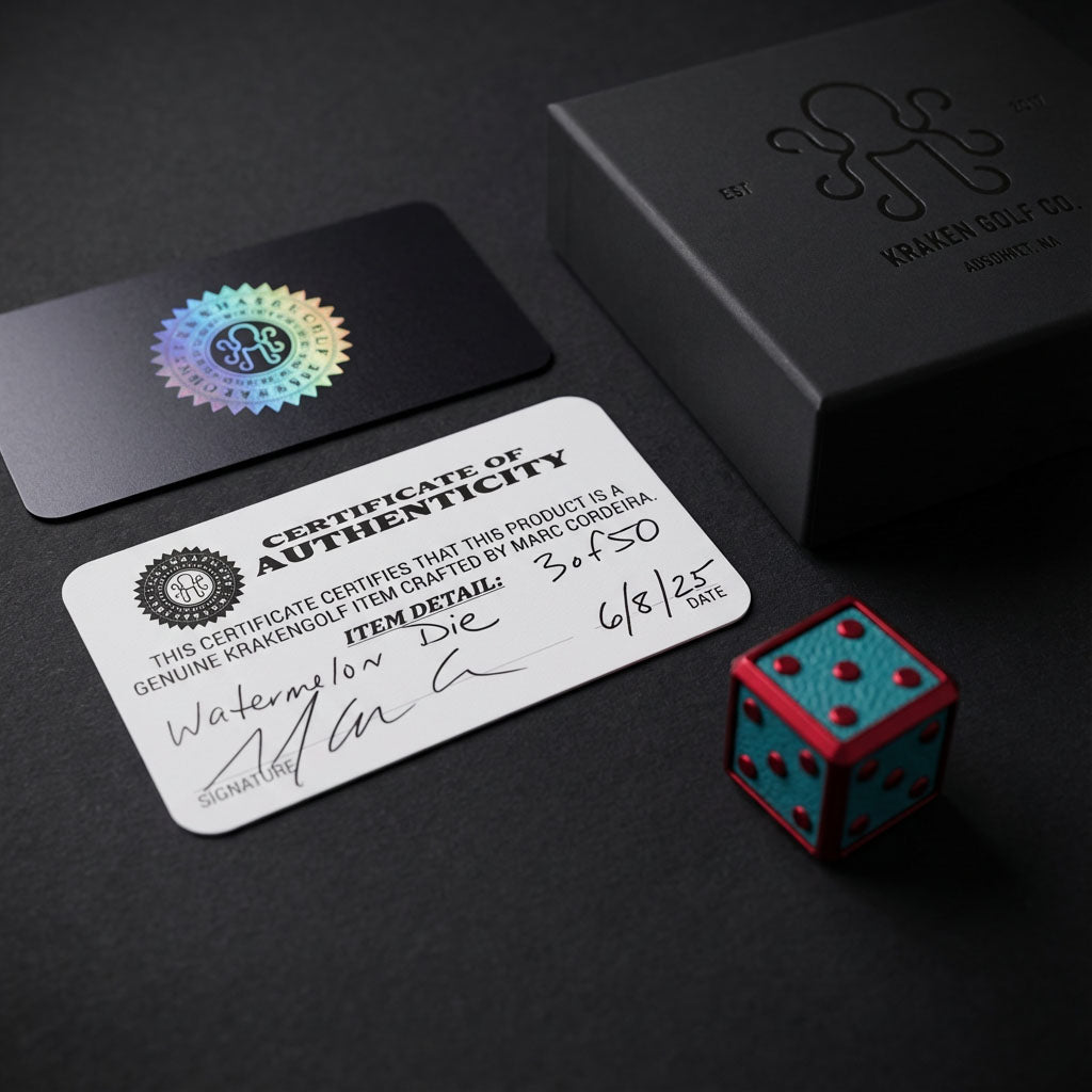 Golf product with certificate of authenticity and branded box on a dark surface