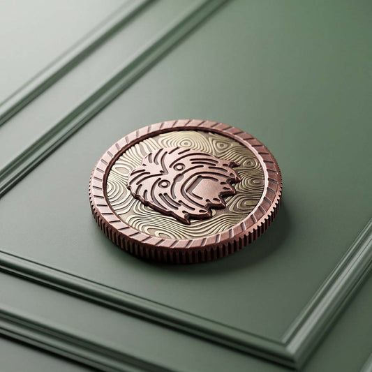 Darkened copper golf ball marker with brass damascus background and hand-cut warrior face relief - Blacklist 026 The Warrior by Kraken Golf