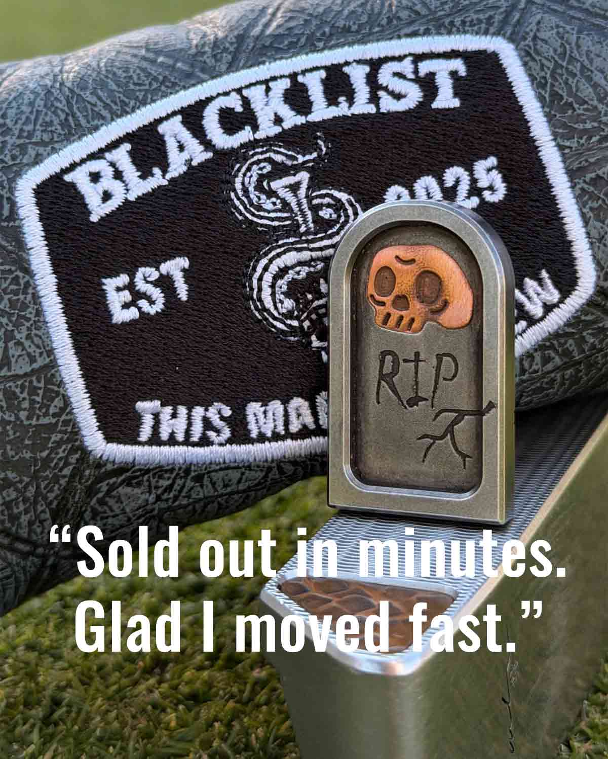 Kraken items with 'Blacklist' patch headcover and gravestone design ball marker on a grass background