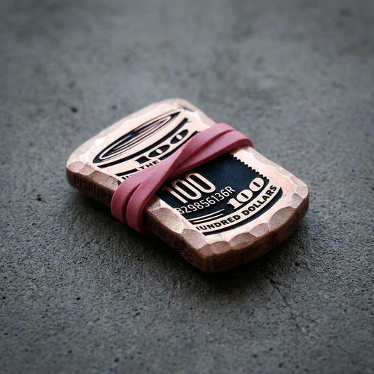 Hundred roll face detail on copper golf ball marker with pink band