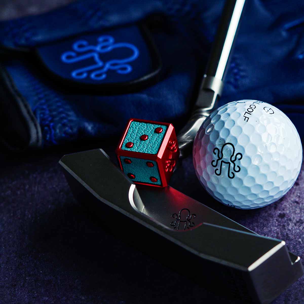 colorful dice-shaped golf ball marker by Kraken Golf