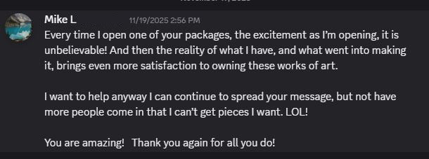 Text message from Mike L expressing excitement and satisfaction with items crafted by Kraken Golf