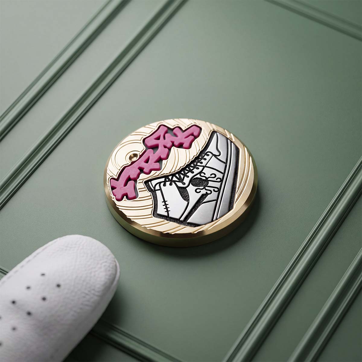 Deep Rotation brass golf ball marker with stainless steel Kraken sneaker inlay and pink blue graffiti KRAK inlay