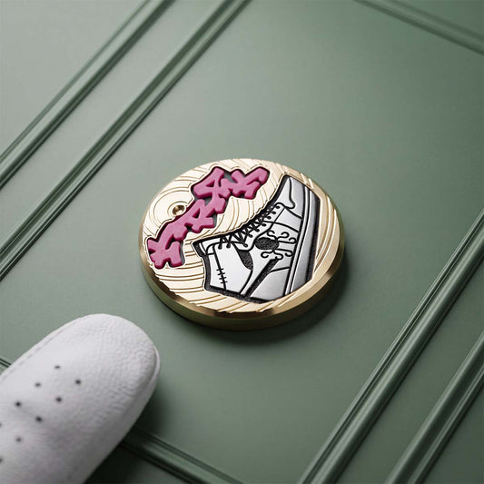 Deep Rotation brass golf ball marker with stainless steel Kraken sneaker inlay and pink blue graffiti KRAK inlay