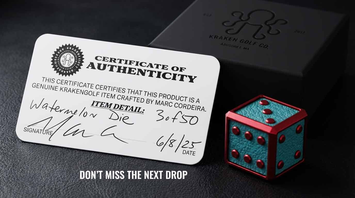 Certificate of Authenticity for a Kraken Golf Co. product with a decorative die on a dark surface.