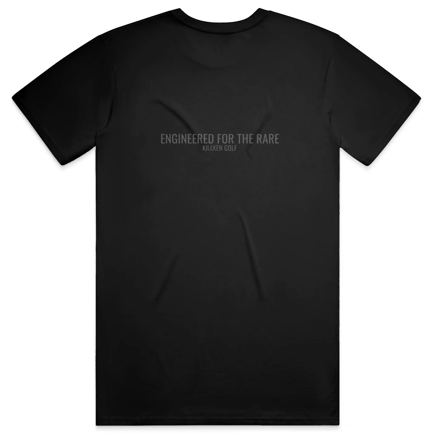 Back of black golf t-shirt reading Engineered for the Rare in graphite Oswald type