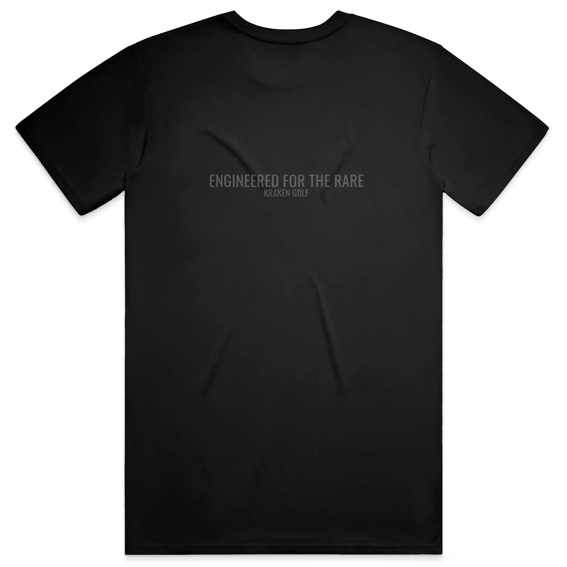 Back of black golf t-shirt reading Engineered for the Rare in graphite Oswald type