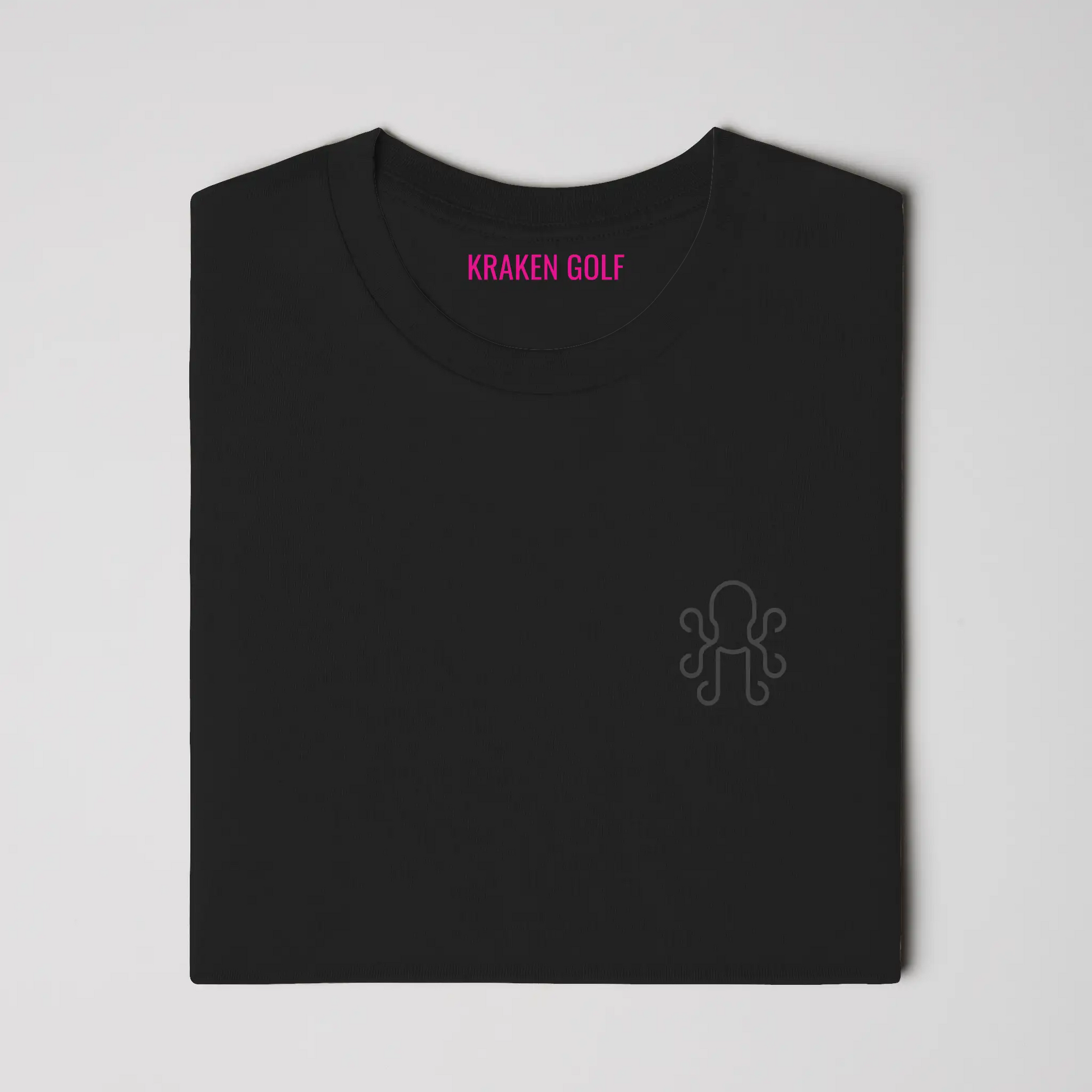 Black Kraken Golf heavyweight t-shirt with tonal graphite octopus crest on left chest folded