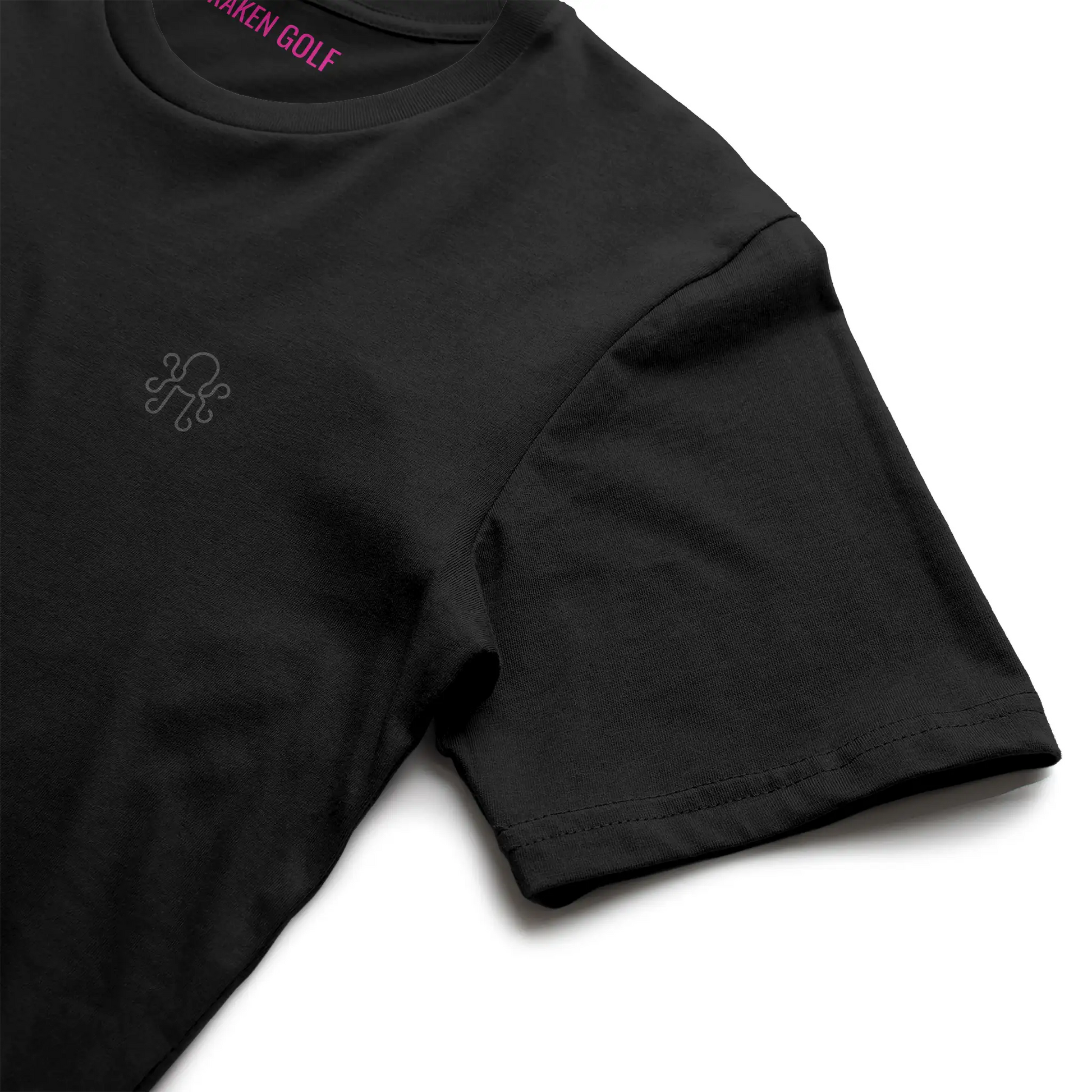 Black Kraken Golf heavyweight t-shirt with tonal graphite octopus crest sleeve view
