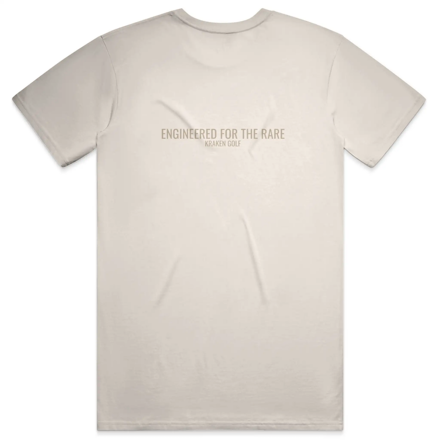 Back of ivory golf t-shirt reading Engineered for the Rare in taupe Oswald type