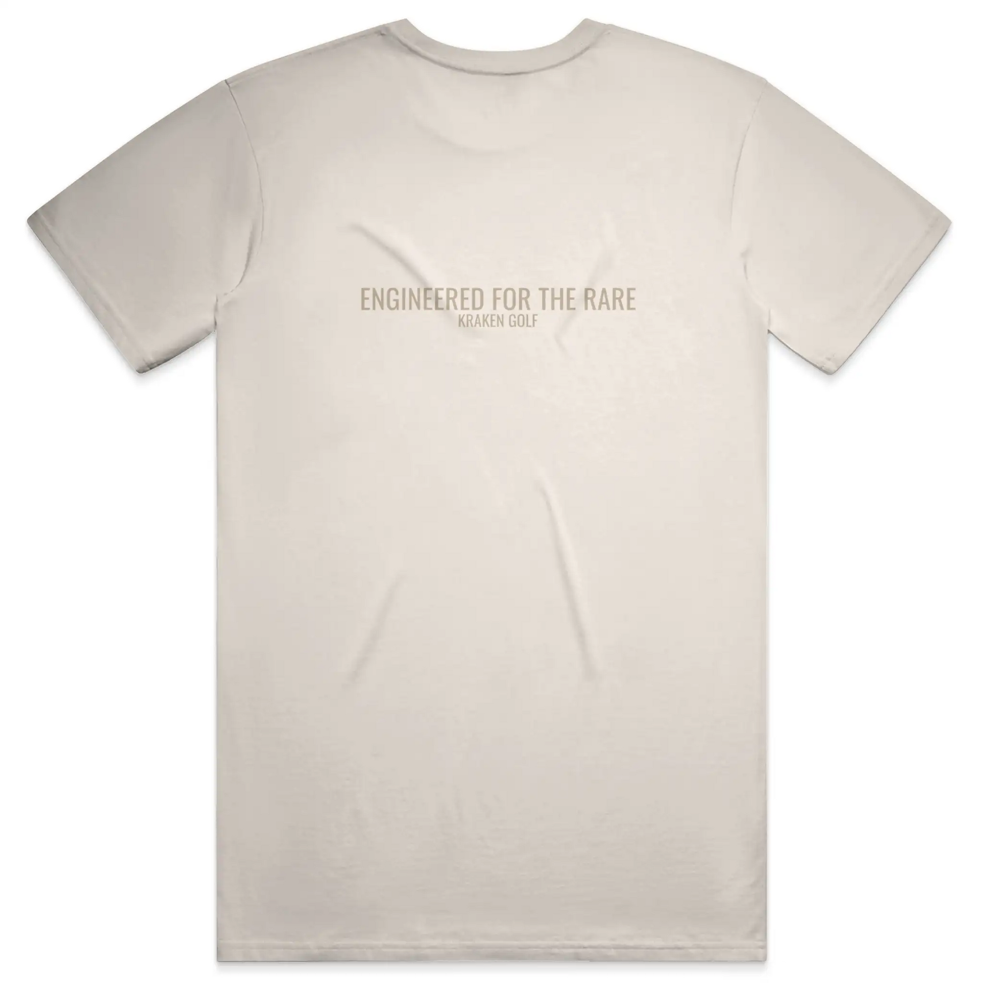 Back of ivory golf t-shirt reading Engineered for the Rare in taupe Oswald type