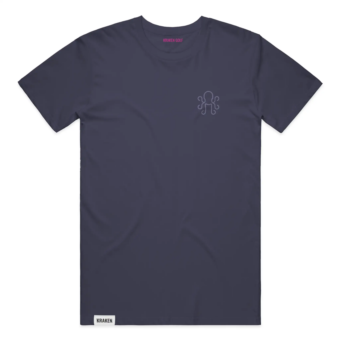 Navy Kraken Golf heavyweight t-shirt with soft bone octopus crest on left chest