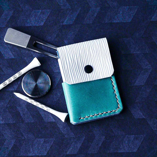 Fred Tool Holder Ocean Contrast Edition in Montbelle calfskin and Buttero leather with blue, green, and white panels