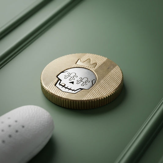 The Gold Tooth solid brass golf ball marker with stainless steel skull and brass crown inlay by Kraken Golf