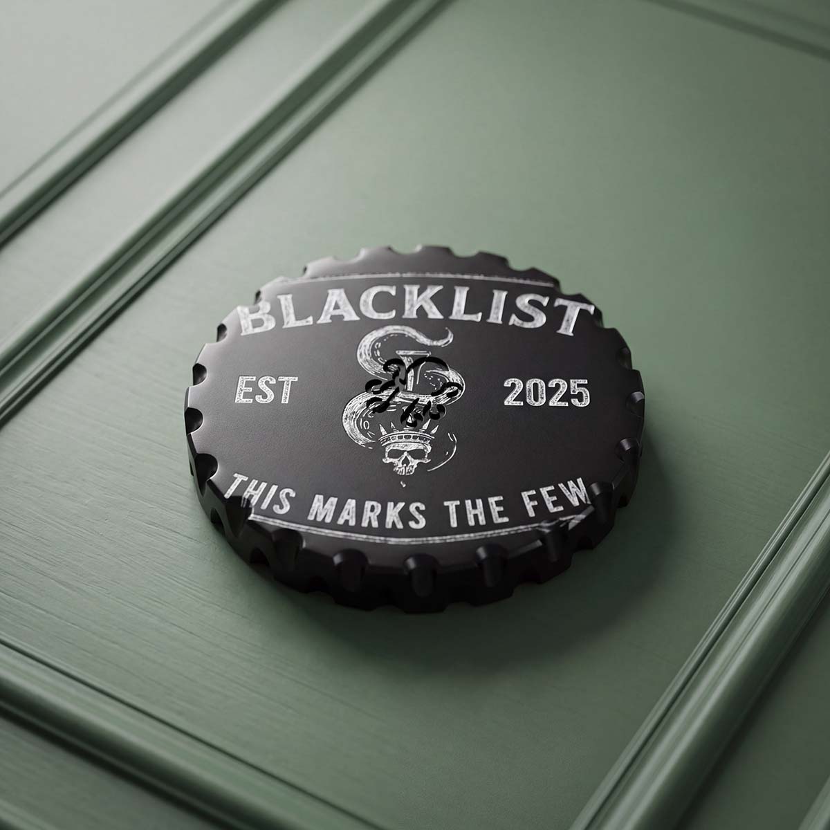 Reverse of Gray Matter golf ball marker with oversized Blacklist mark engraved over the Kraken logo on black aluminum