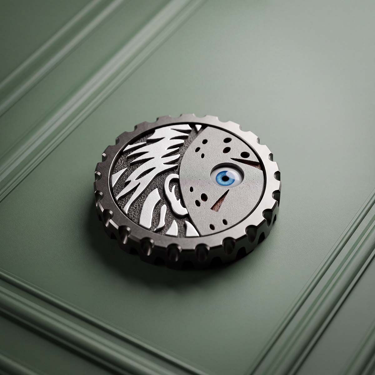 Gray Matter Blacklist golf ball marker, angled view showing scalloped EDC edge and hand-fitted stainless steel inlays