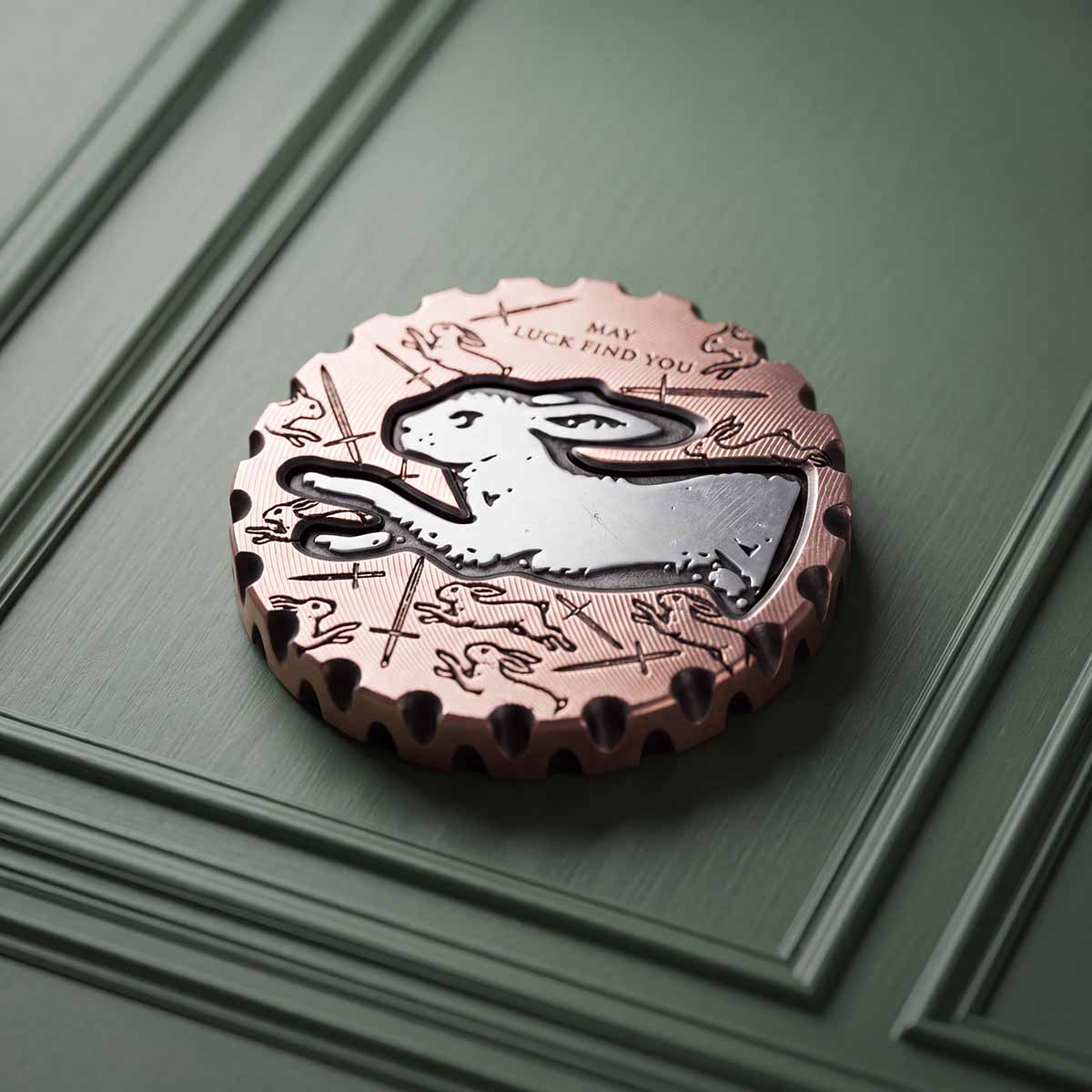 Hare's Breadth copper golf ball marker with stainless steel rabbit inlay and engraved swords, Kraken Golf Blacklist 041