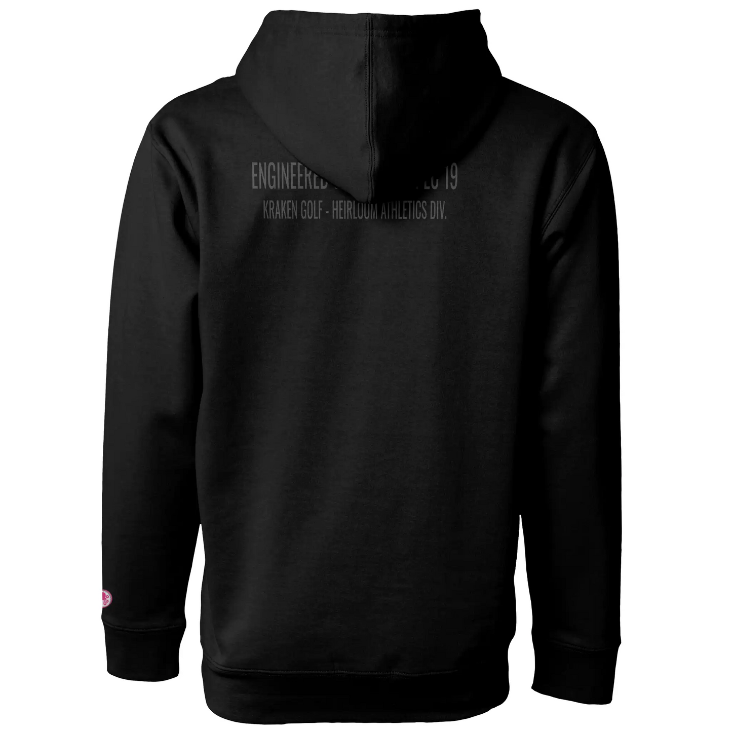Back of black Kraken Golf hoodie reading Engineered Garment Spec 19 Heirloom Athletics Division