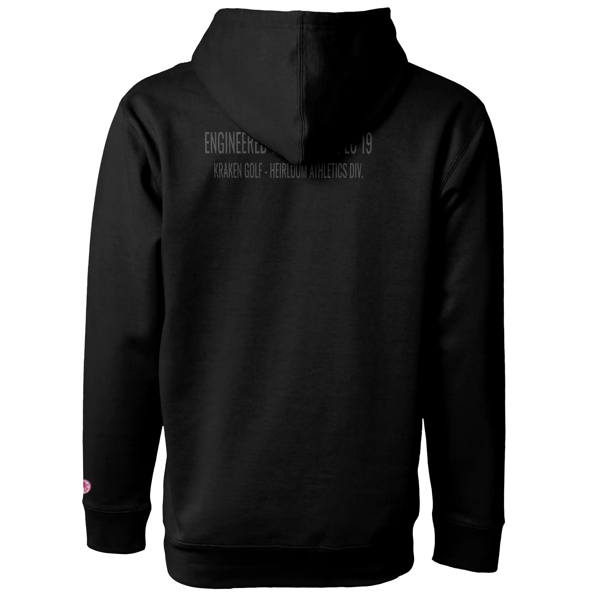 Back of black Kraken Golf hoodie reading Engineered Garment Spec 19 Heirloom Athletics Division