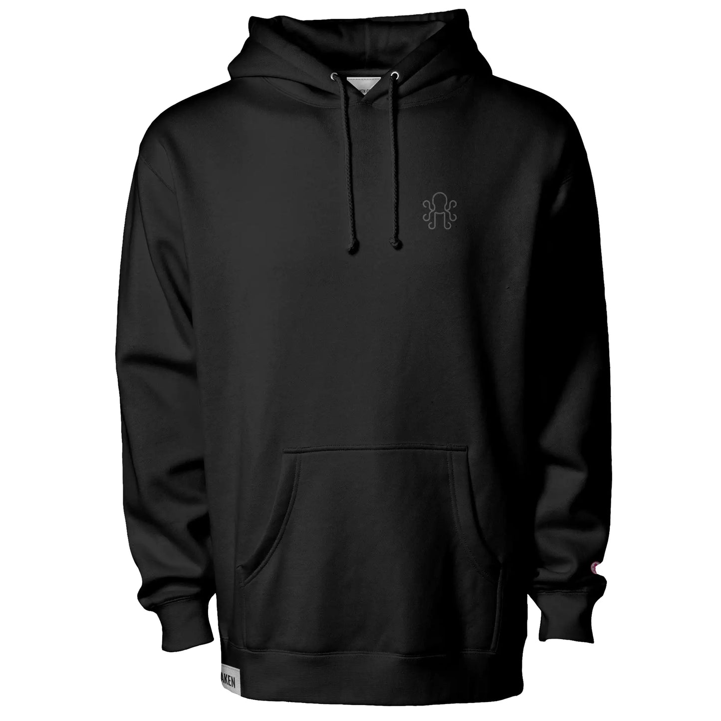 Black Kraken Golf hoodie with tonal graphite octopus crest on left chest and pink cuff coin