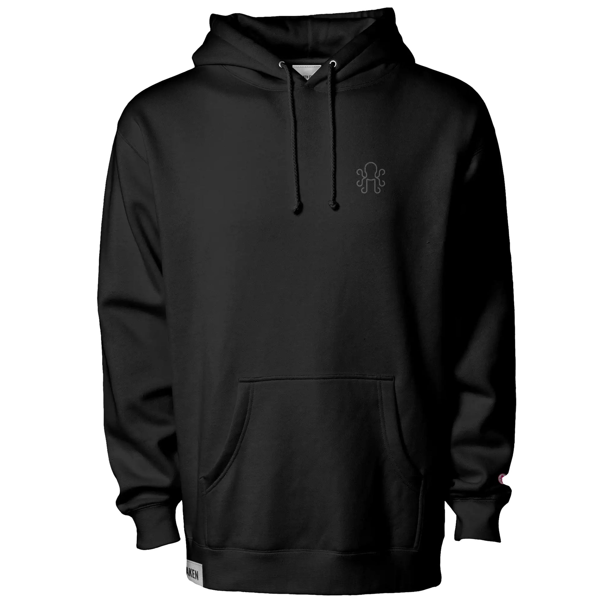 Black Kraken Golf hoodie with tonal graphite octopus crest on left chest and pink cuff coin