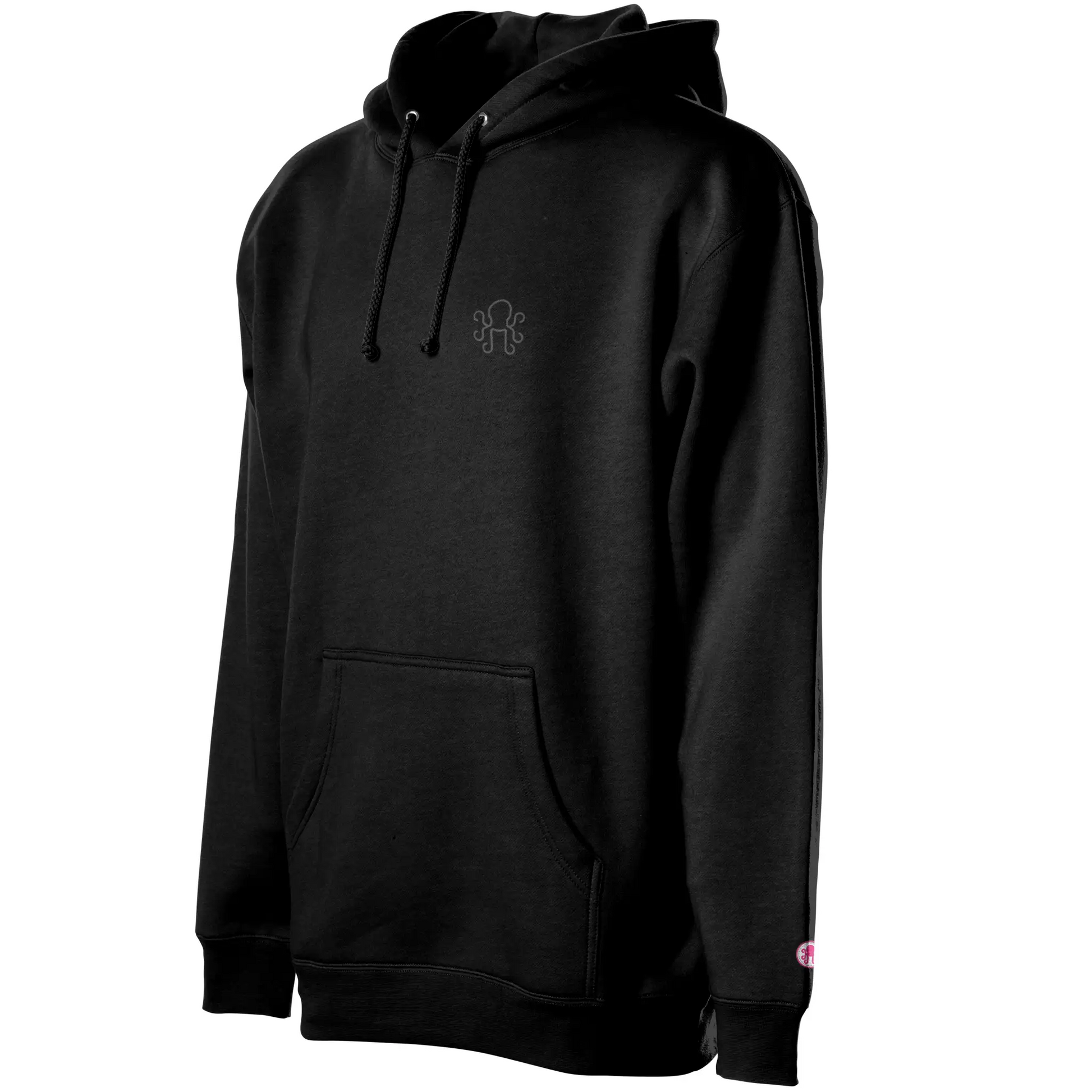 Black Kraken Golf hoodie with tonal graphite octopus crest on left chest and pink cuff coin angle