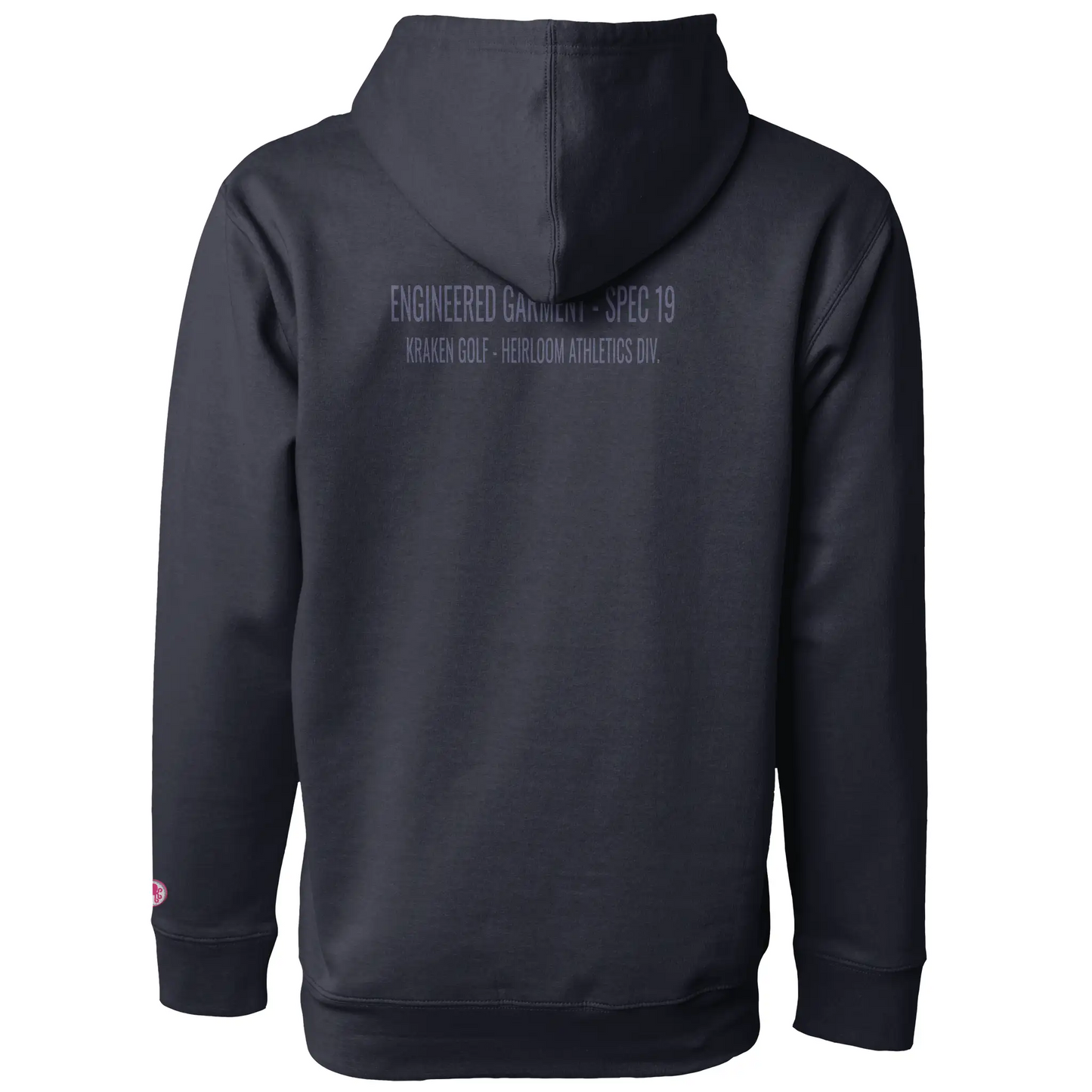 Back of navy Kraken Golf hoodie reading Engineered Garment Spec 19 Heirloom Athletics Division