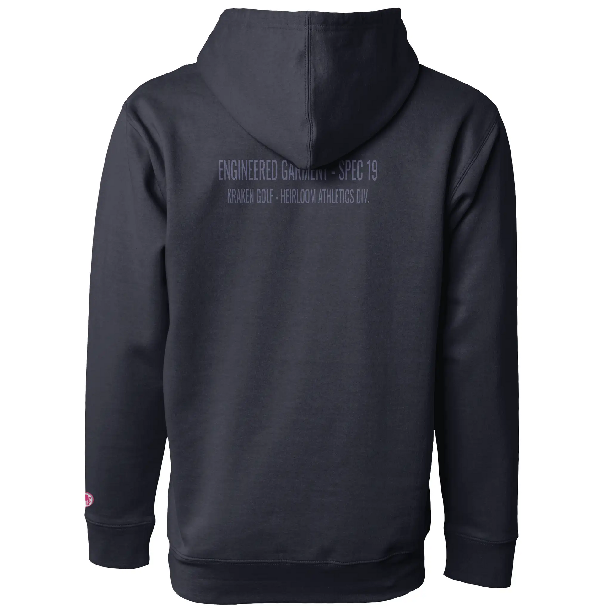 Back of navy Kraken Golf hoodie reading Engineered Garment Spec 19 Heirloom Athletics Division