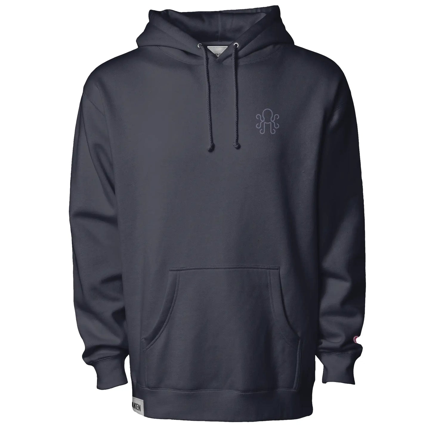 Navy Kraken Golf hoodie with soft bone octopus crest on left chest and pink cuff coin