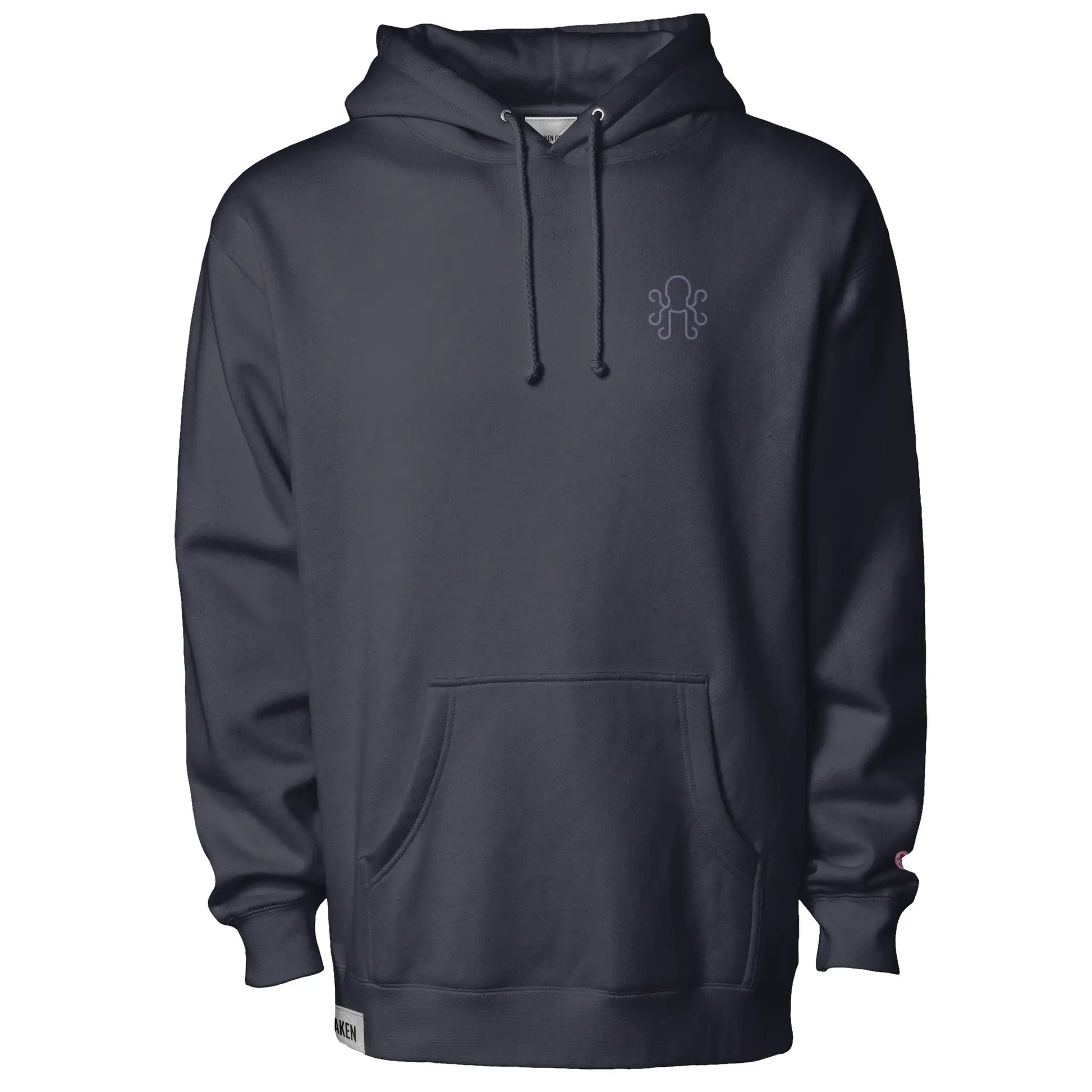 Navy Kraken Golf hoodie with soft bone octopus crest on left chest and pink cuff coin