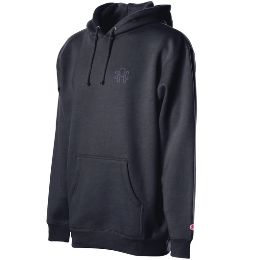 Navy Kraken Golf hoodie with soft bone octopus crest on left chest and pink cuff coin