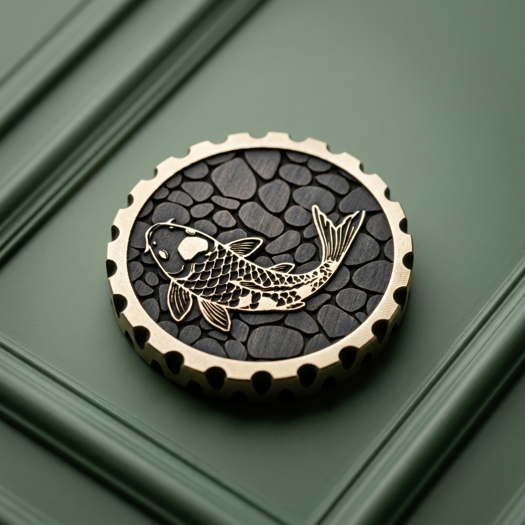 Koi 2.0 brass golf ball marker with two-level engraved koi design