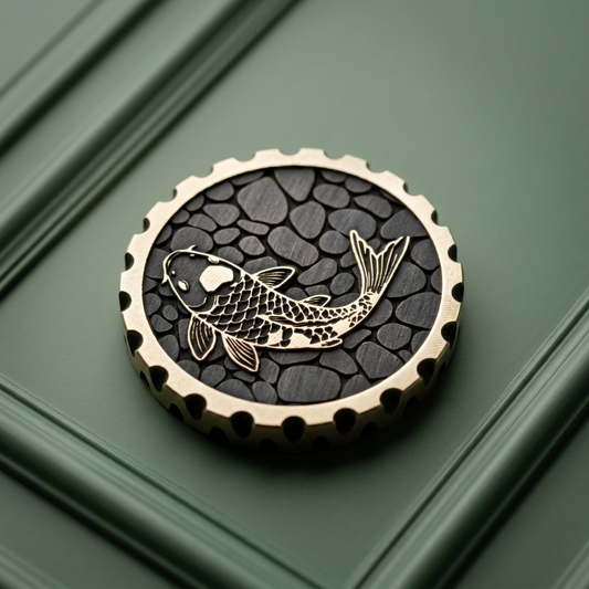 Koi 2.0 brass golf ball marker with two-level engraved koi design