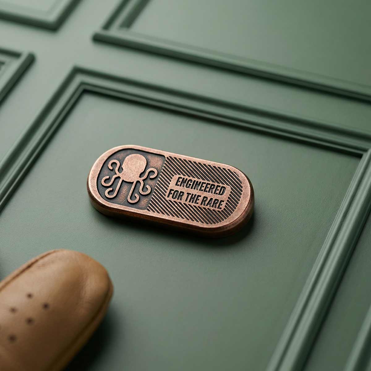 Copper Pillar golf ball marker on green background 