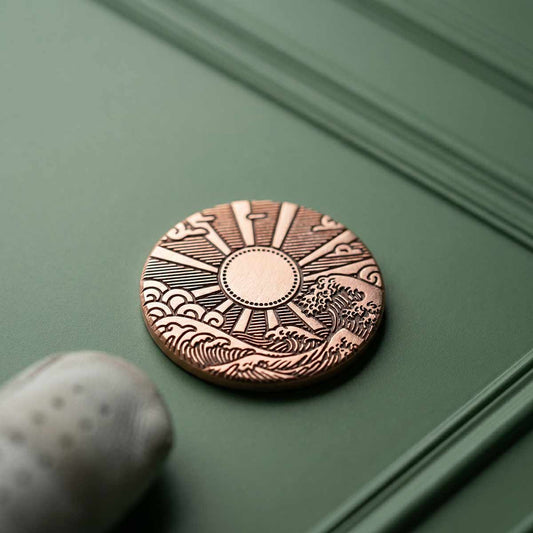 Hinode copper golf ball marker on green background
