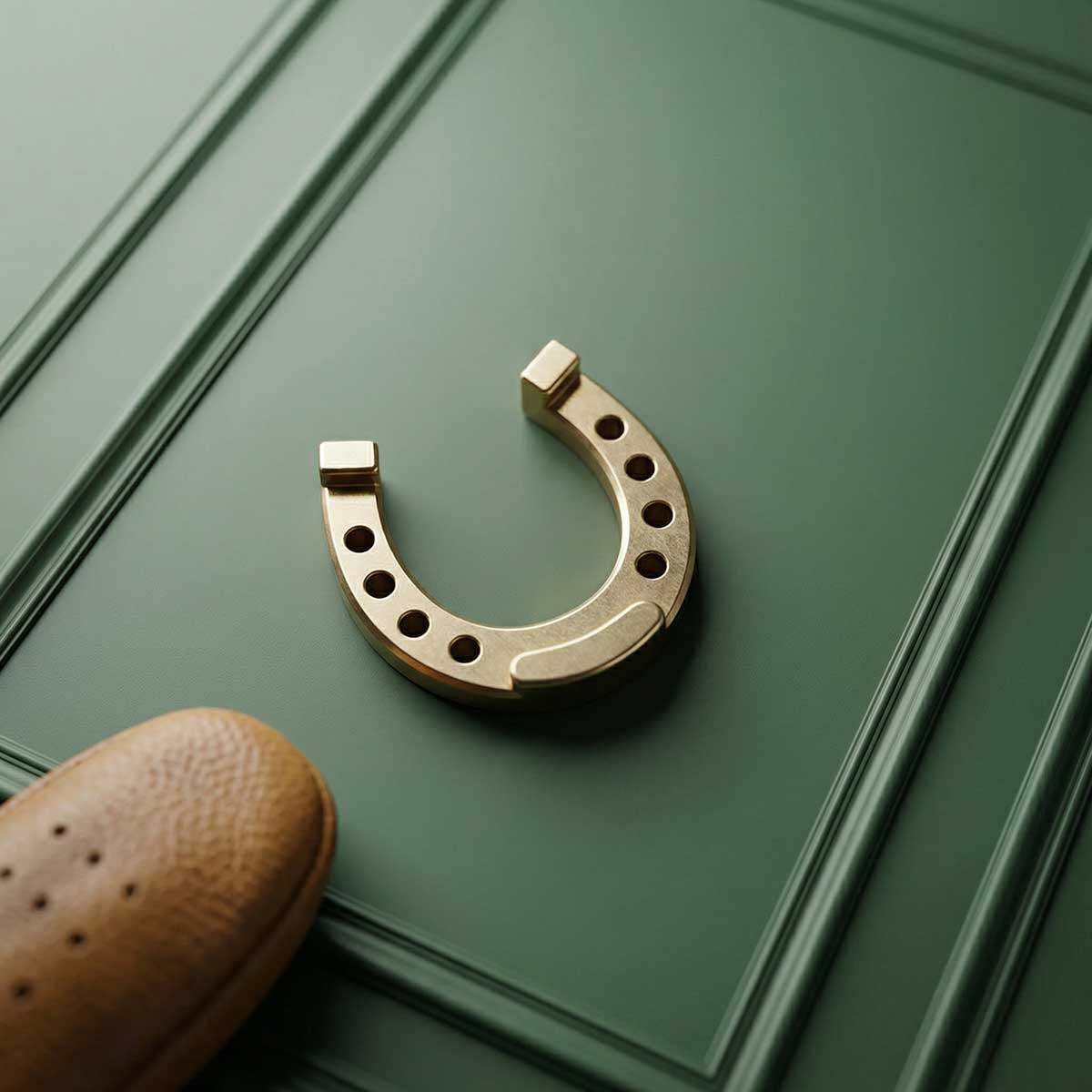 Horseshoe-shaped golf ball marker on a green background