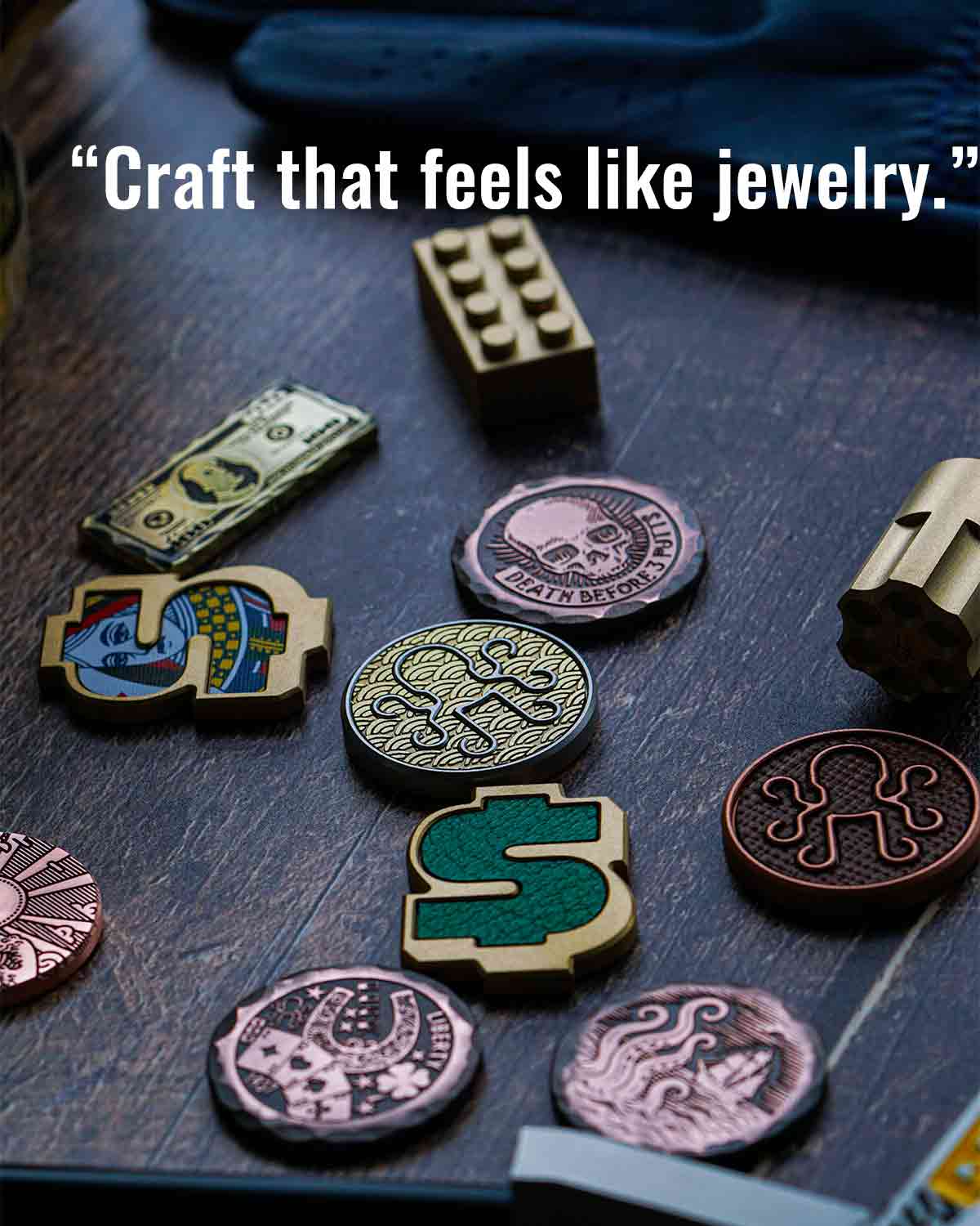 Collection of Kraken golf tools on a table with text 'Craft that feels like jewelry'.