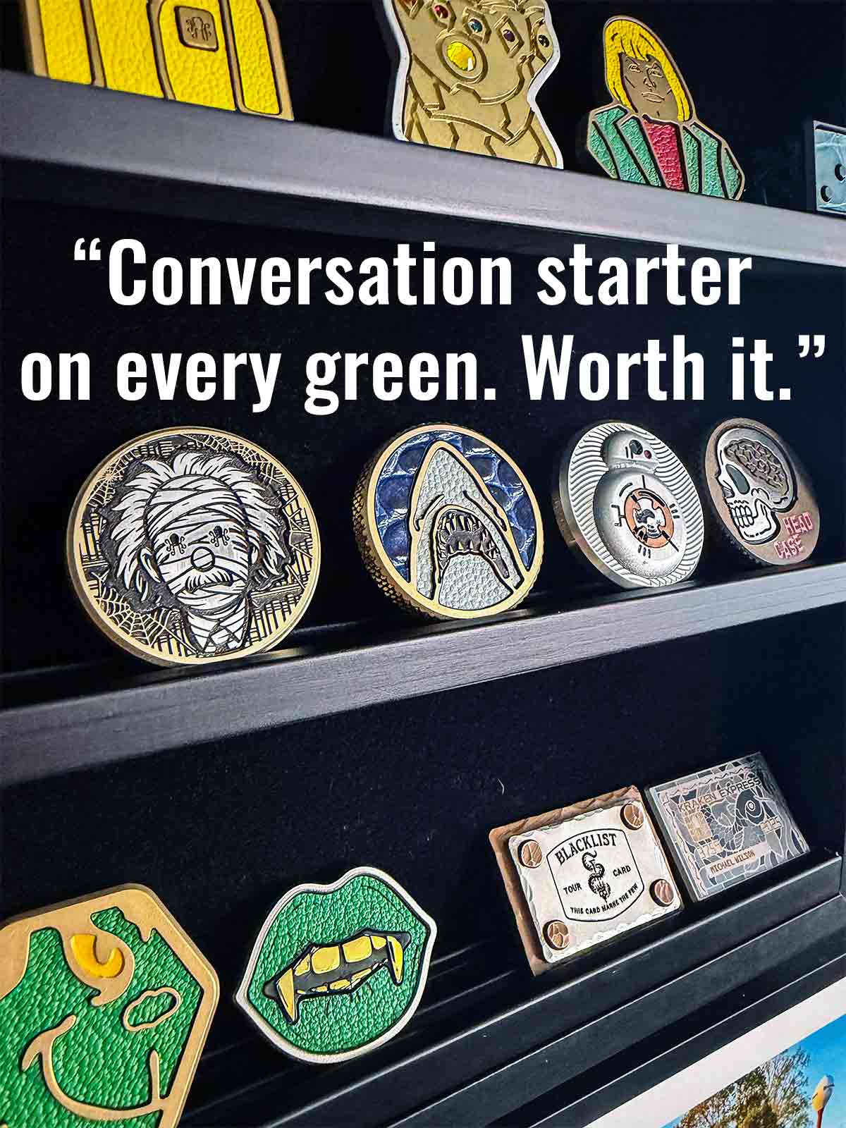 Collection of Kraken Golf Ball Markers on a shelf with text "Conversation start on every green. Worth it."