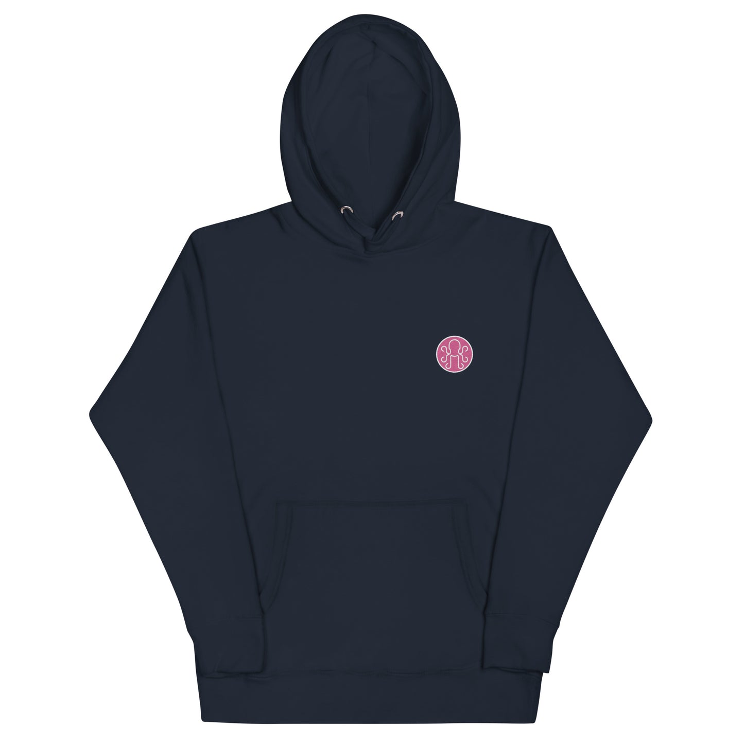 Navy Kraken Golf hoodie with small embroidered white and pink logo on chest